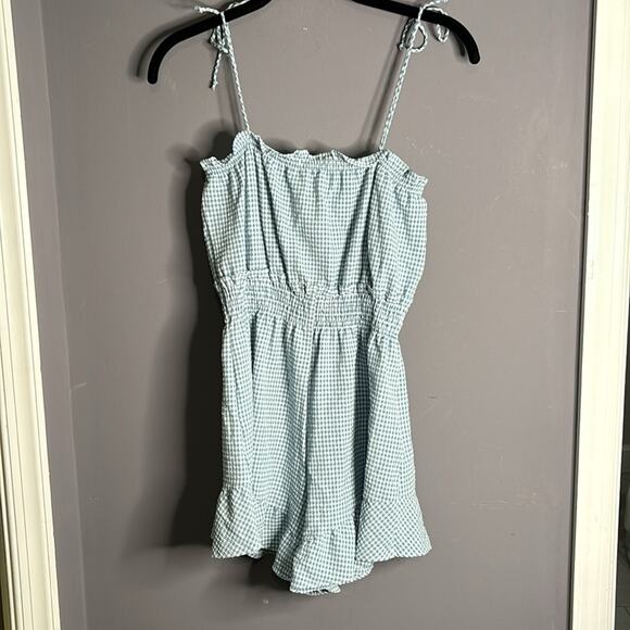 Zara Blue and White Gingham Romper With Ruffles and Tied Straps Size XS - Picture 7 of 8